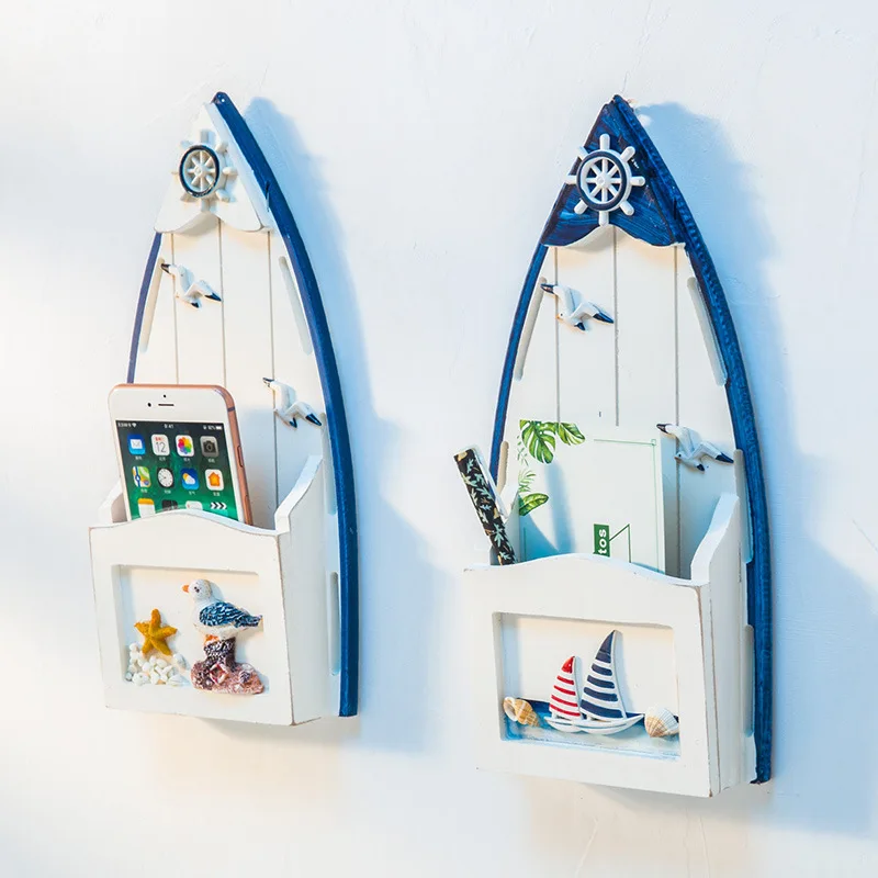 Mediterranean Style Key House Storage Box Wall-Mounted Seabird Sea Tower Wooden Pen Holder Home Wall Decor Crafts | Дом и сад
