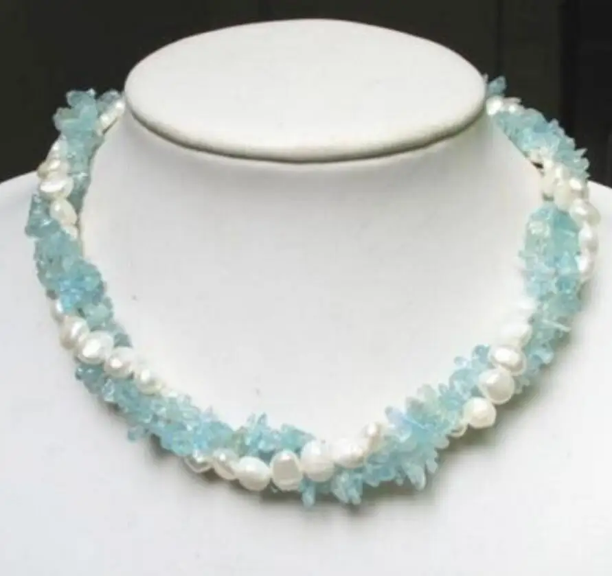 

Free shipping necklace 3 strands aquamarine chip white pearl twisted