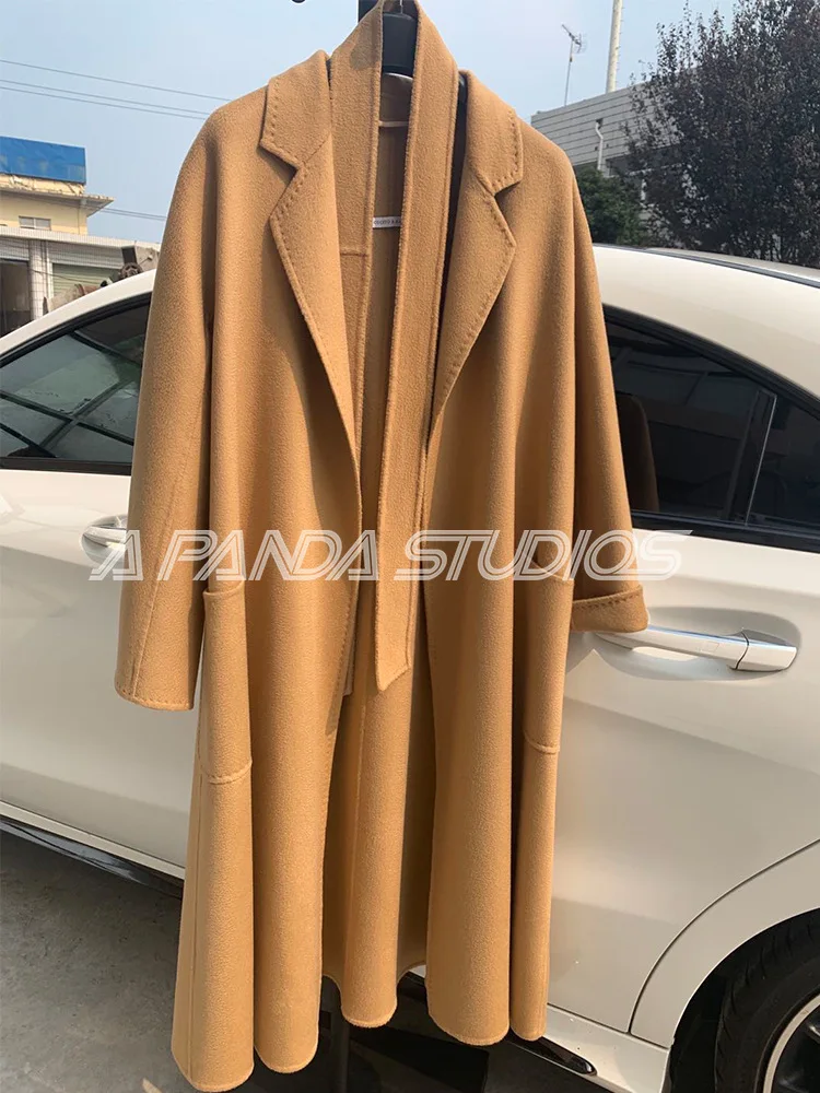100% pure cashmere water ripple double-sided cashmere coat women mid-length woolen coat women