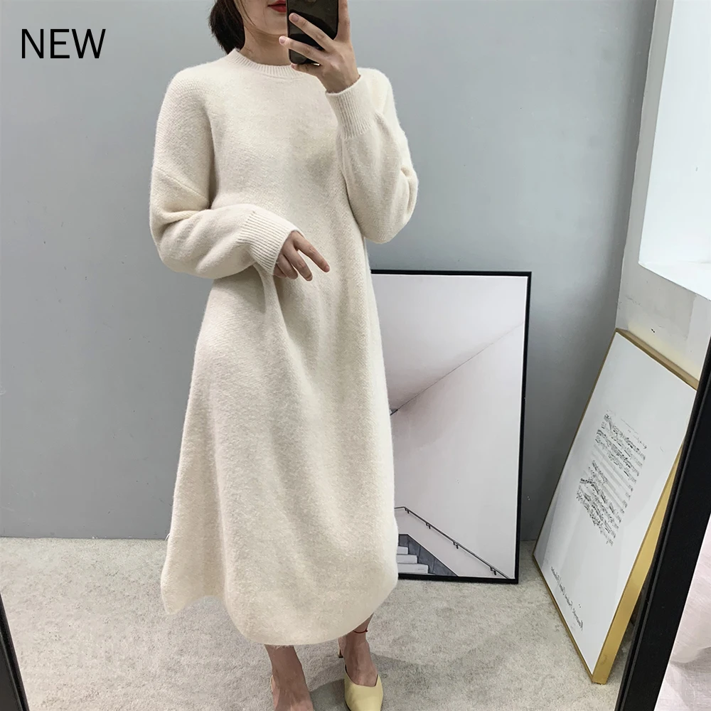 

2019 Knitted Autumn Women Sweater Dress Loose Style O-Neck Long Sleeve Women Pullovers Long Dress Women Sweater Dress Pull Femme