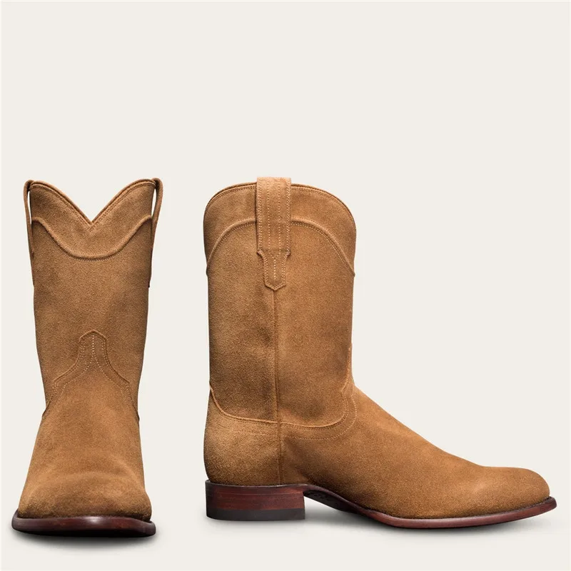 

Men Western Boots Solid Color Mid Calf Work Boots for Men Low Heel Pointed Toe Slip On Ankle Boot Handmade Low Heel Male Shoes