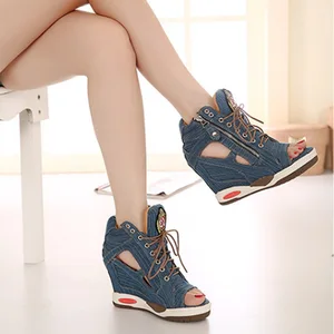 Женские туфли на танкетке, из джинсовой ткани, с круглым носком, для лета