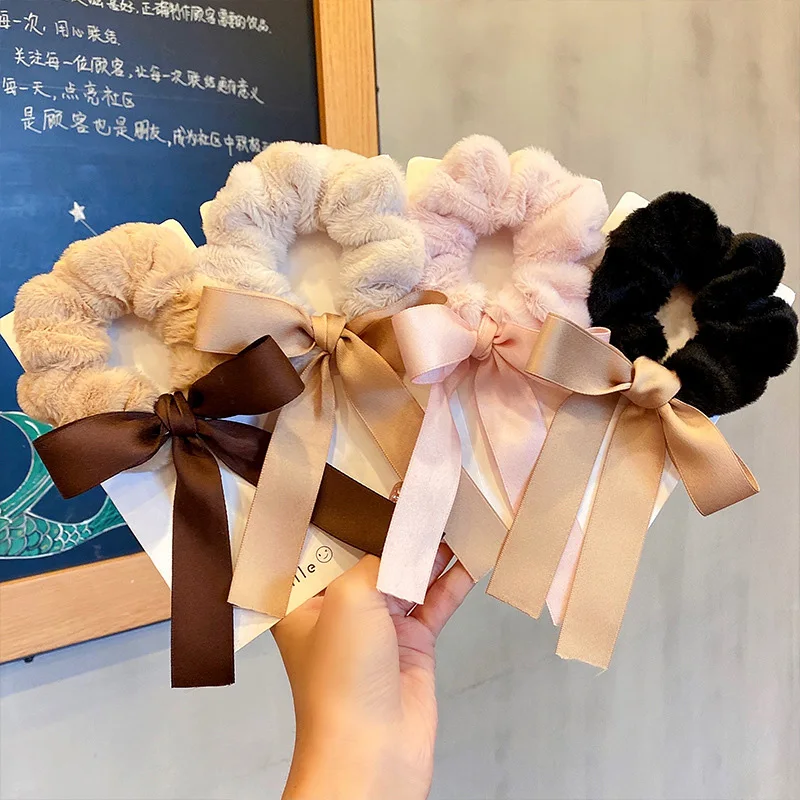 

Vintage Bow Hair Ribbon Scrunchie For Women Girls Long Elastic Hair Tie Headwear Female Hair Accessories Ponytail Holder