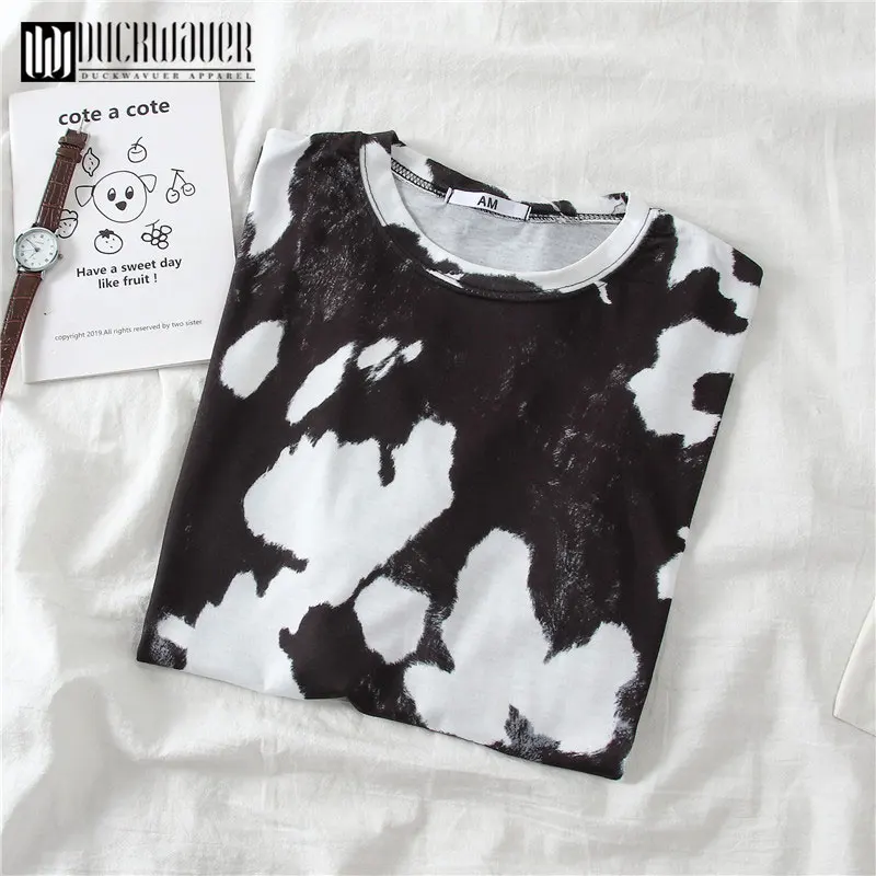 

Duckwaver Summer Cow Printed Women Oversize Tshirt White and Black Breathable Soft Female Basic Loose Tshirt Women Tee Tops