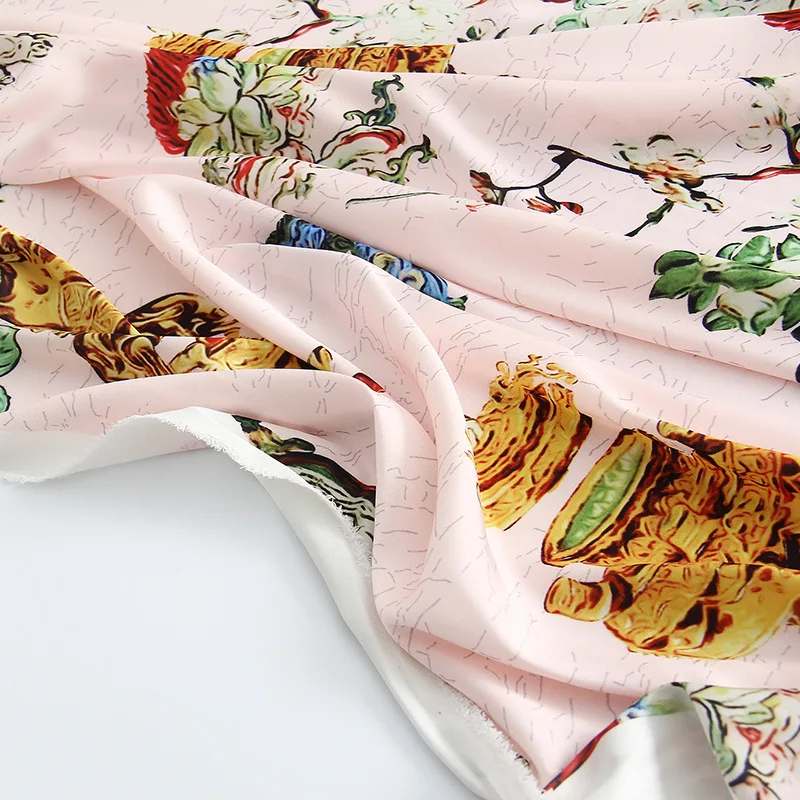 145 * 100cm Spring and Summer New Chiffon Satin Fabric Vintage Vase Hand-Painted Pattern Shirt Clothing Printing 3 Colors | Дом и сад