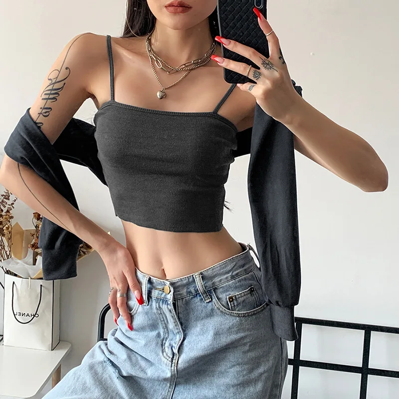 

Gothblack Hoodie Solid 2 Piece Set Camis Slash Neck Vest Long Sleeve Short Blouse Pullovers Causal Street Fashion Women Outfits