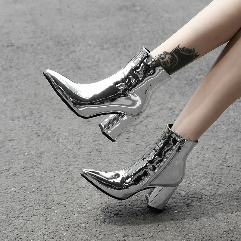 

2020 new silver gold ladies ankle boots pointed high heel boots mirror metal ladies high heels feminine high heel boots