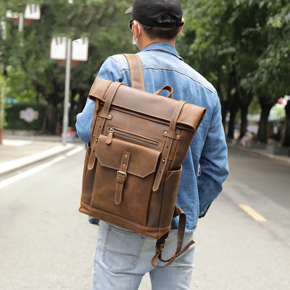 

New Vintage Leather Backpack for Men 15.6 Inch Laptop Backpack Travel Office Bag Large Men's Bag Leather Backpacks Rucksack 2035