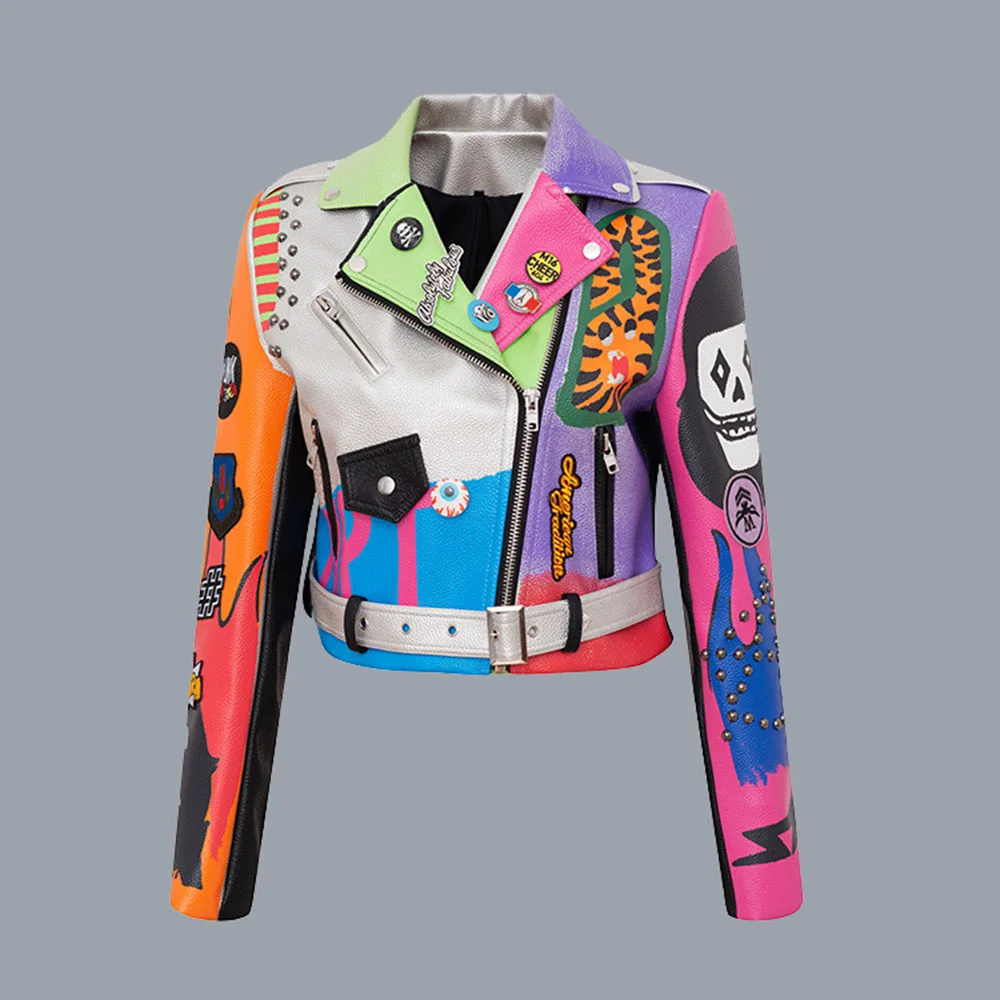 

Женская куртка из искусственной кожи, шикарная мотоциклетная куртка в стиле панк, с надписью 2021, на молнии, с принтом в западном стиле, цветн...