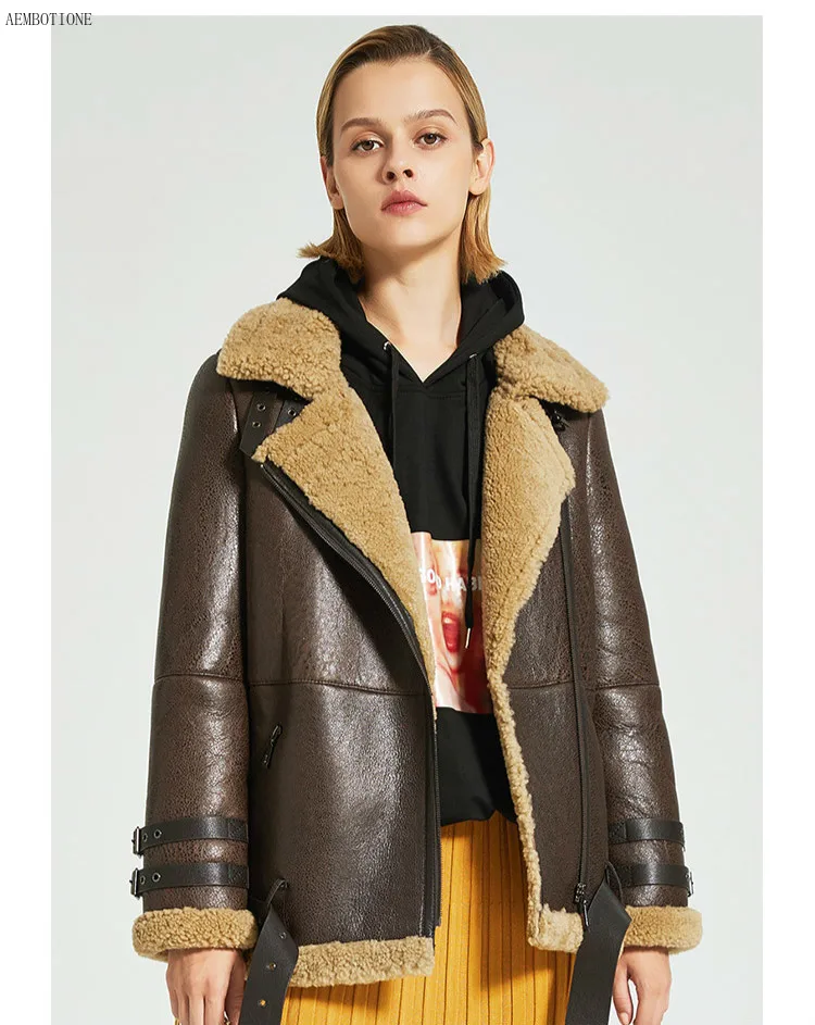 

Winter Women Fashion Real Genuine Fur Leather High-end Lambs Wool Motorcycle Jacket Bomber Jackets Sheepskin Coat