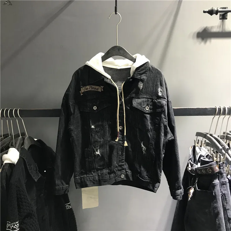 

Korean Leisure Hole Denim Jacket Womens 2021 Spring Autumn New Fashion Loose Embroidery All-Match Hooded Cowboy Coat Female Tide