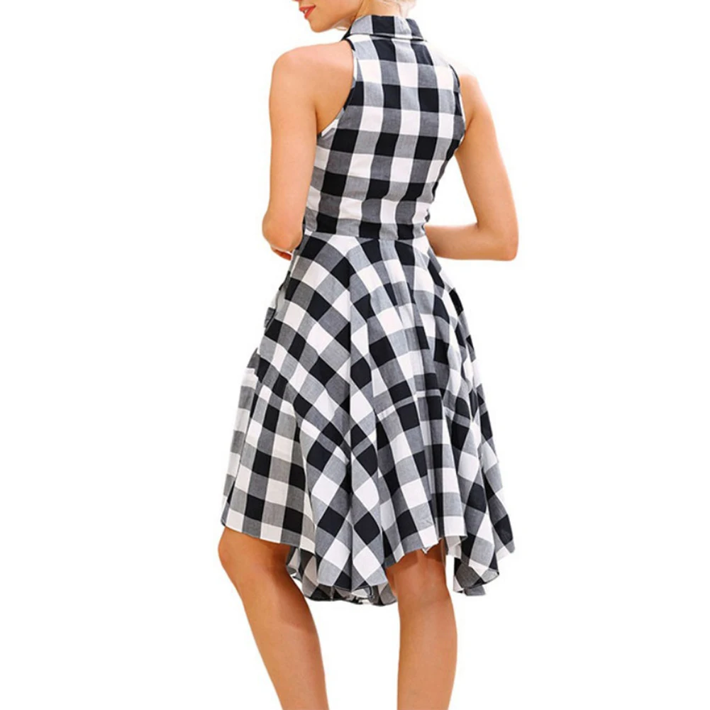 

Summer Dress Lady Fashion Plaid Print Button Down Slim V Neck Sleeveless Irregular Midi Dress Casual High Waist Shirt Dress