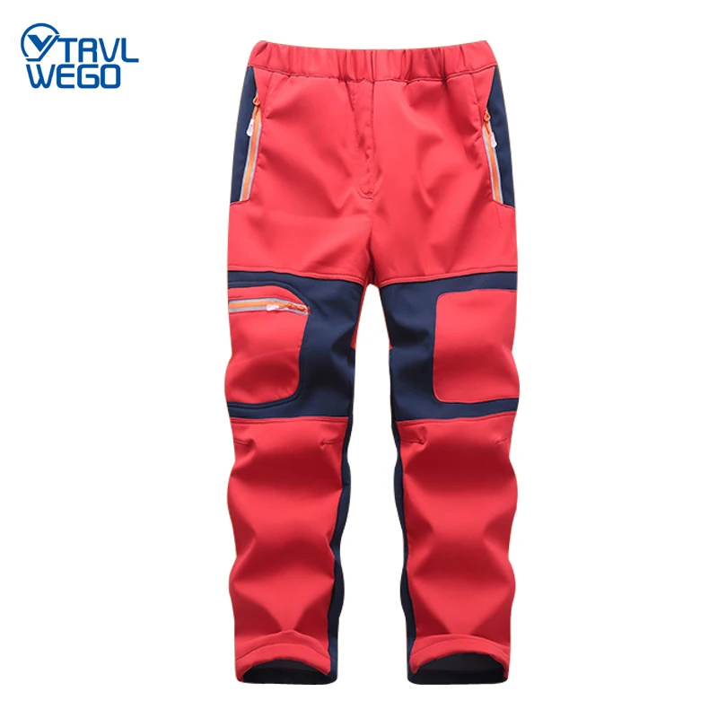 

TRVLWEGO Boys Girls Hiking Pants Kids Winter Warm Children Waterproof Fleece Softshell Color stitching Trousers For Ski Trekking