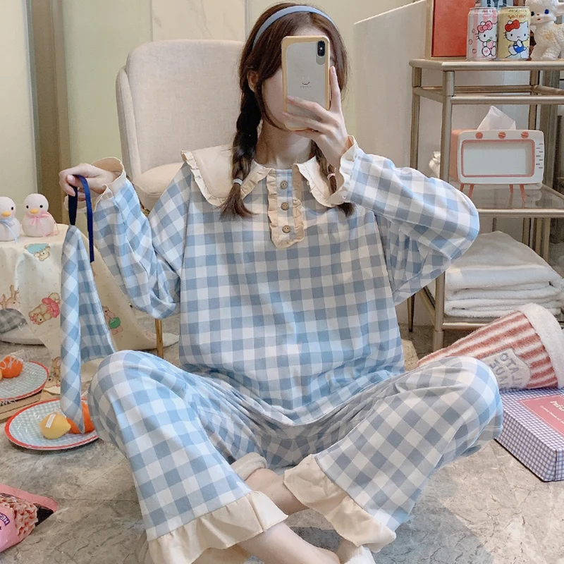 

Пижама женская весенне-осенняя, 2021, популярный в Интернете Милый хлопковый костюм зеленого и синего цвета с длинным рукавом большого размер...