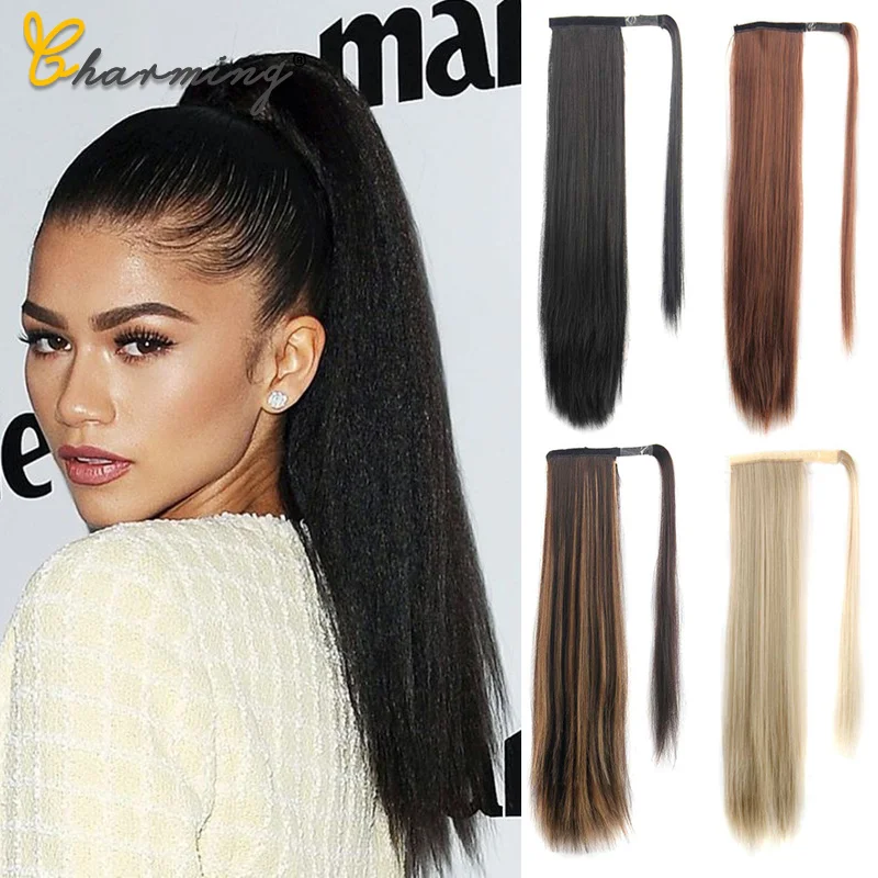 Очаровательные прямые накладные волосы на клипсе 24 дюйма 120 г хвостик с заколками