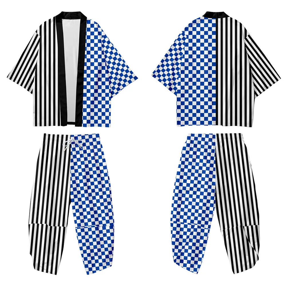 

Striped Checkerboard Splicing Casual Loose Thin Couple Men Women Kimono And Seven Points Pants Asian Clothes Harakuju Cardigan