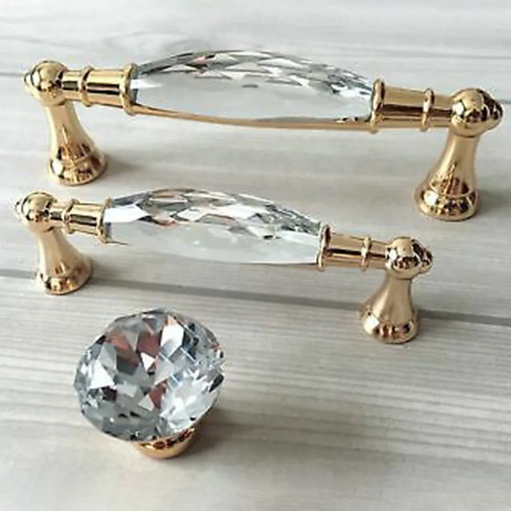 

96/128mm Handles Accessories Cabinet Wardrobe Cupboard Glass Crystal Gold