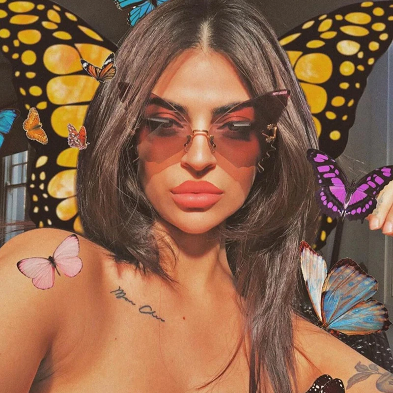 

MIMY 2020 New Fashion Oversized Cat Eye Butterfly Sunglasses Women Luxury Brand Design Rimless Gradient Sun Glasses For Female