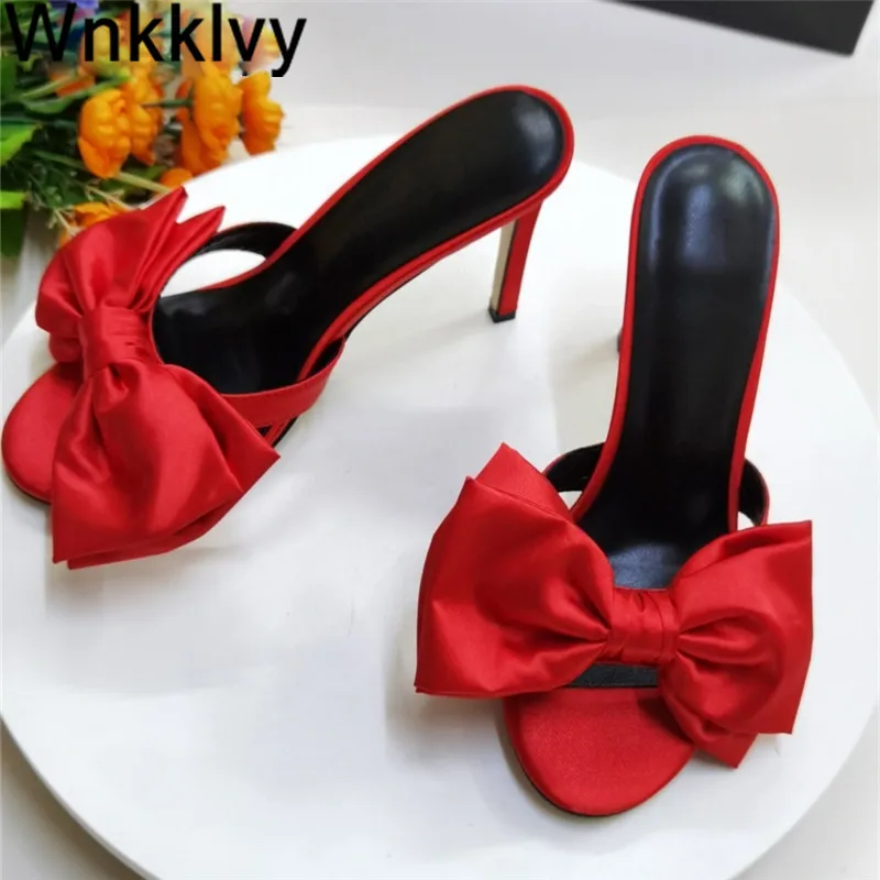 

Босоножки женские шелковые, с большим бантом, красные, на тонком высоком каблуке