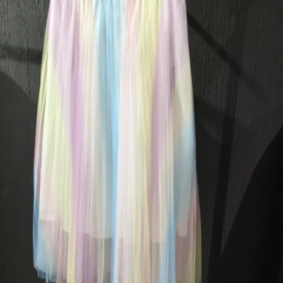 

2021 Rainbow Color Gradient Mesh Sweet Fairy Skirts Summer Women's Mid-Length Pleated A-line High Waist Tulle Lining Skirts X03