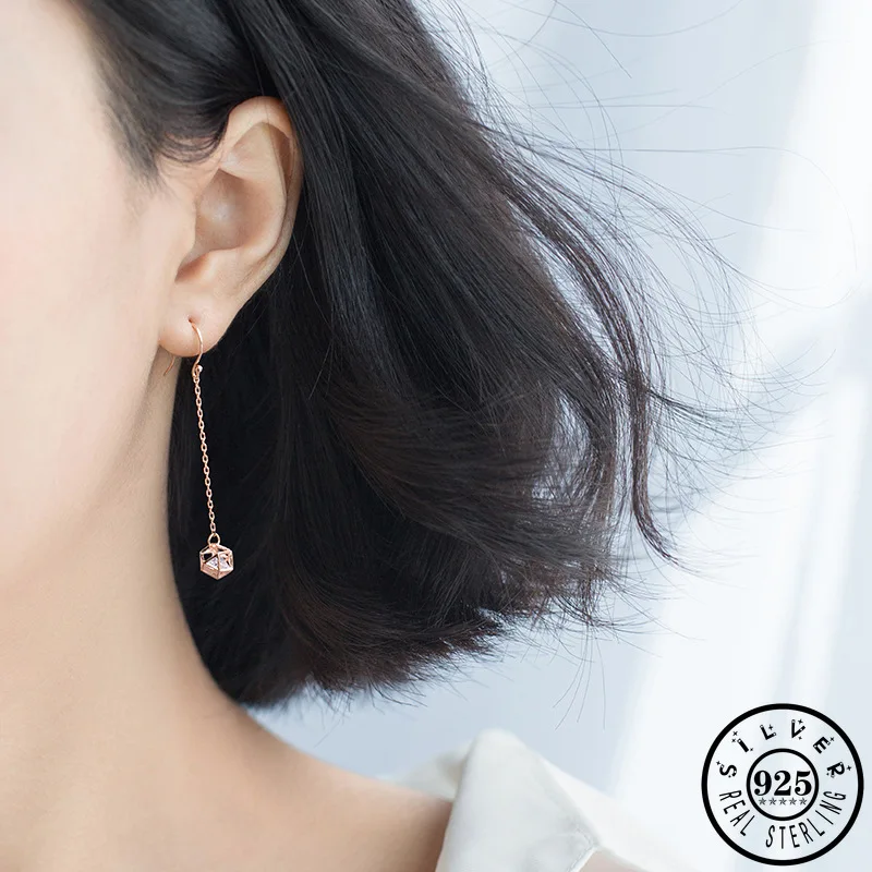 

925 Sterling Silver Geometric Shape with Cubic Zirconia Stone Rose Gold Color Plated Long Dangle Drop Earrings for Women