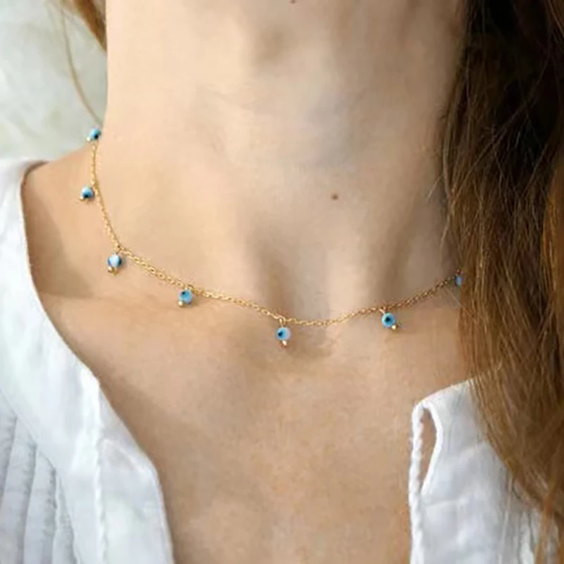 

Golden Stainless Steel Chain Charm Necklace Blue Eyes Beaded Pendant Ladies Fashion Accessories Necklace Anklet Dual Use