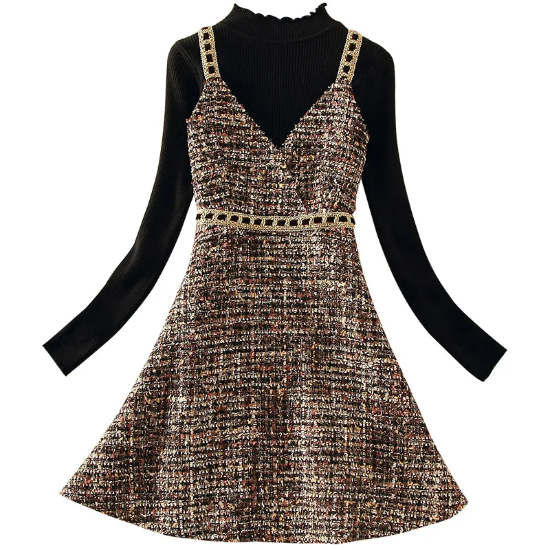 

Office Lady Elegant Two Pieces Sets O-neck Knitted Black Sweaters and V-neck A-line Dresses Lady Elegant Dresses Suits