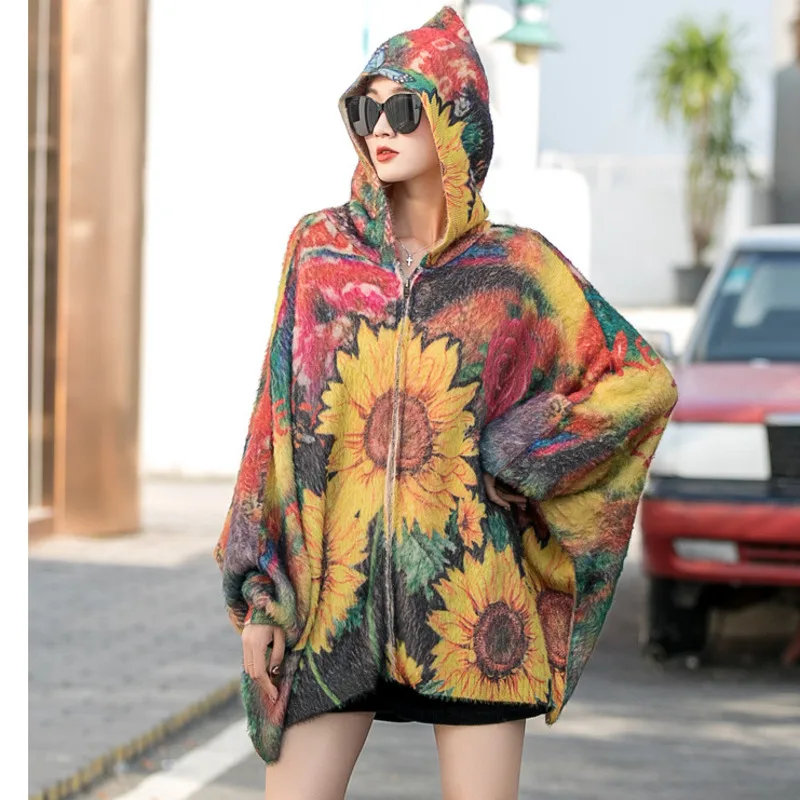 QING MO Autumn Fashion Hooded Knitted Sweater Women Loose Large Size Bat Sleeve 2021 New Trend Zipper Cardigan ZWL472 |