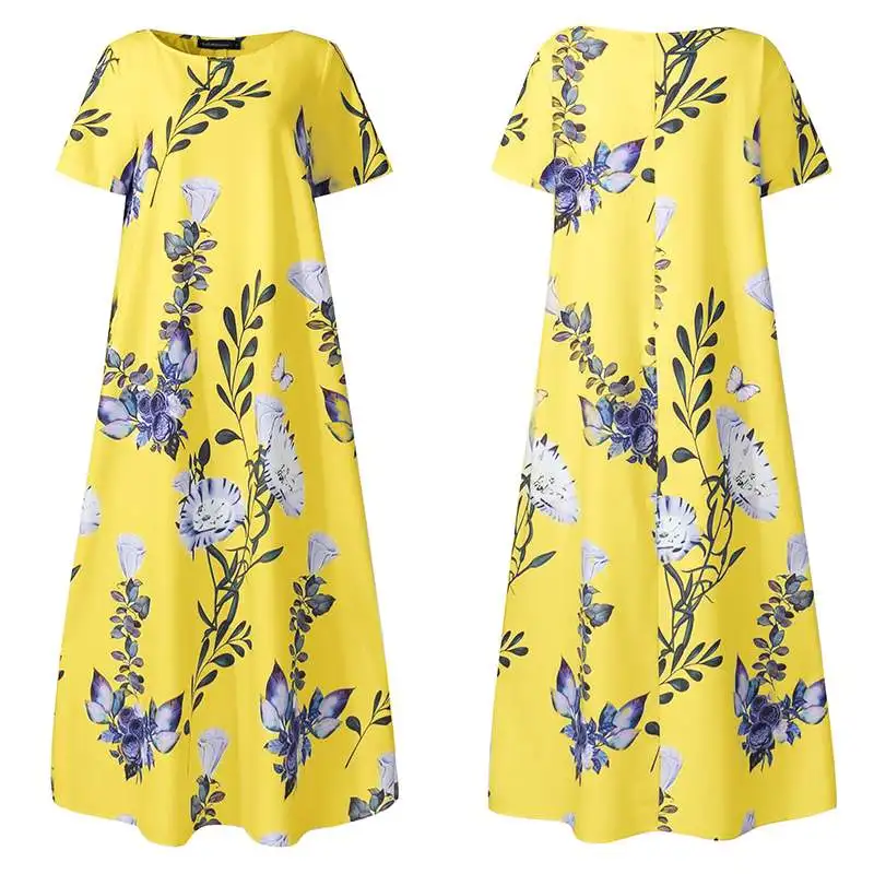 

2021 Women's Short Sleeve Floral Print Long Casual Loose Beach Dress