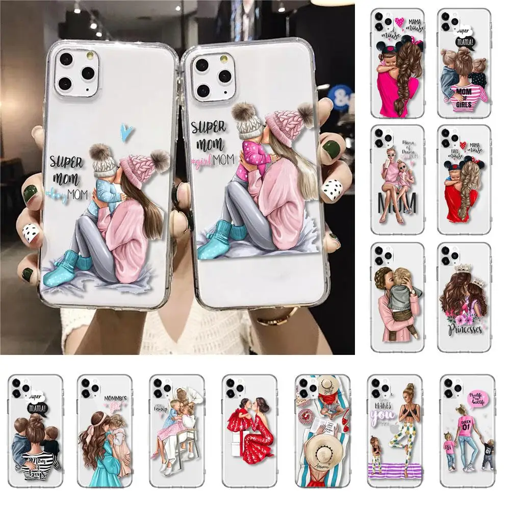 

Fashion Black Brown Hair Baby Mom Girl Son Phone Case For iPhone 12 X XS XR XS Max 11 Pro Max 8 7 6 6S Plus SE2 5 5S SE
