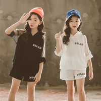 summer youth girl sports suit kid letter hooded cotton short sleeve girl loose sports shorts student running sports suit 2pcs