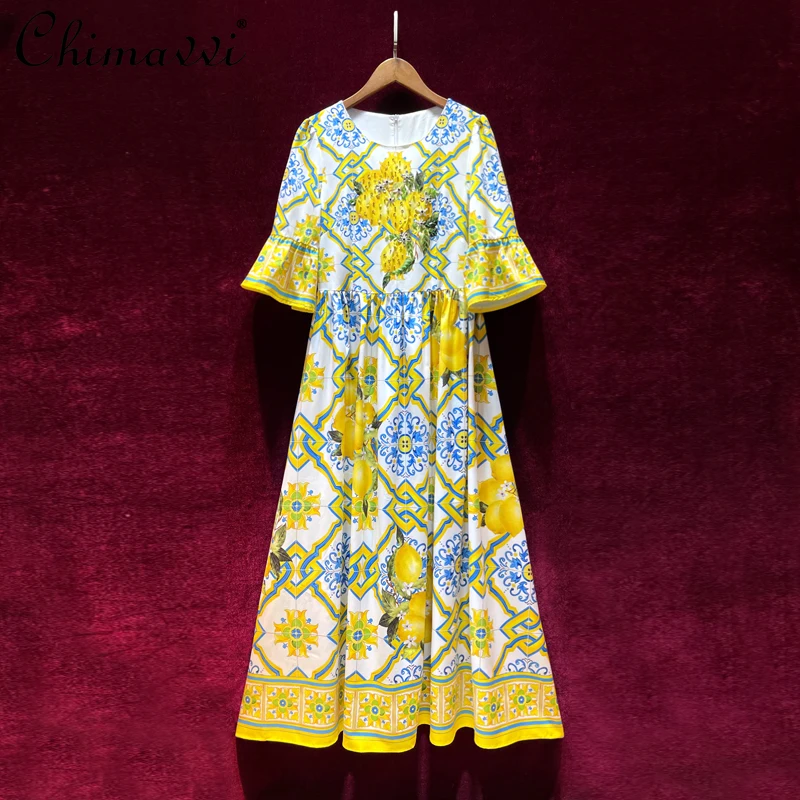

High-End Luxury Dress for Women 2021 Summer Heavy Beads High Waist Elegant Dress Fashion Floral Print Half Sleeves Maxi Dresses