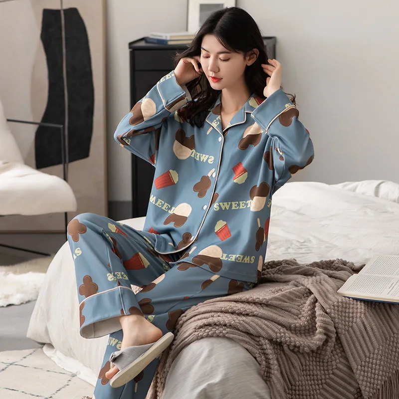 Spring and Autumn New Pajamas Women's Cardigan Long Sleeve Knitted Cotton Korean Women's Fattening and Loose Fitting Home Suit