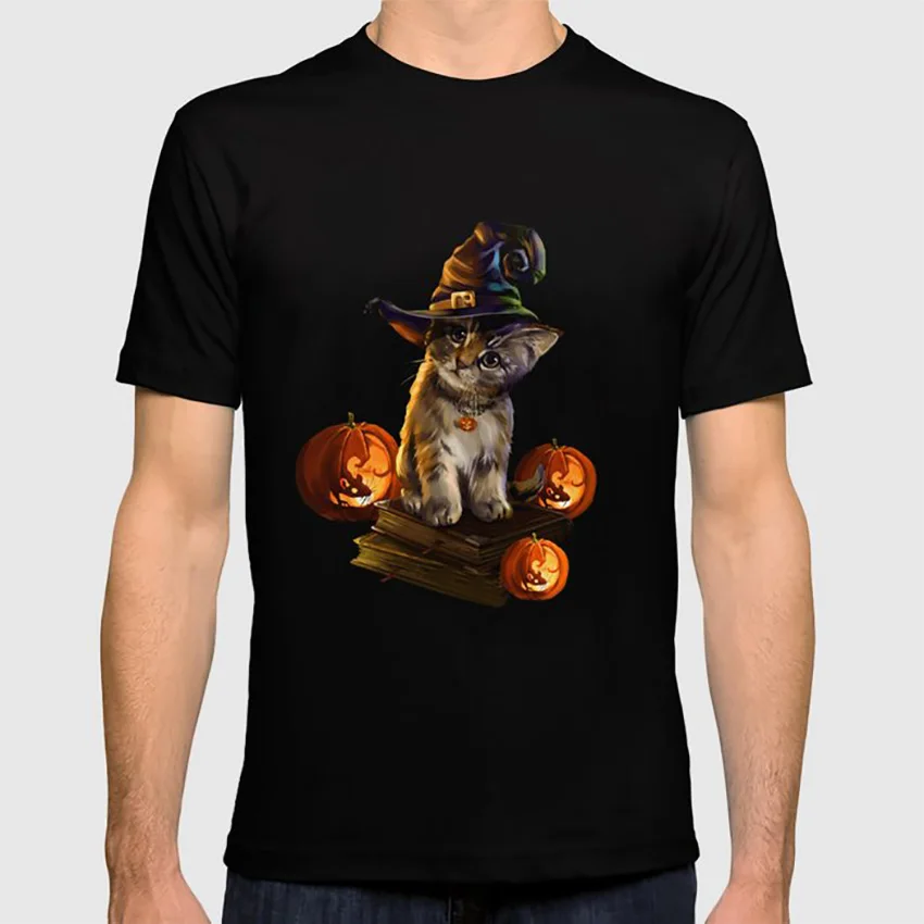 Хэллоуин кошка книги с капюшоном в виде шляпы ведьмы и тыквы забавная футболка s
