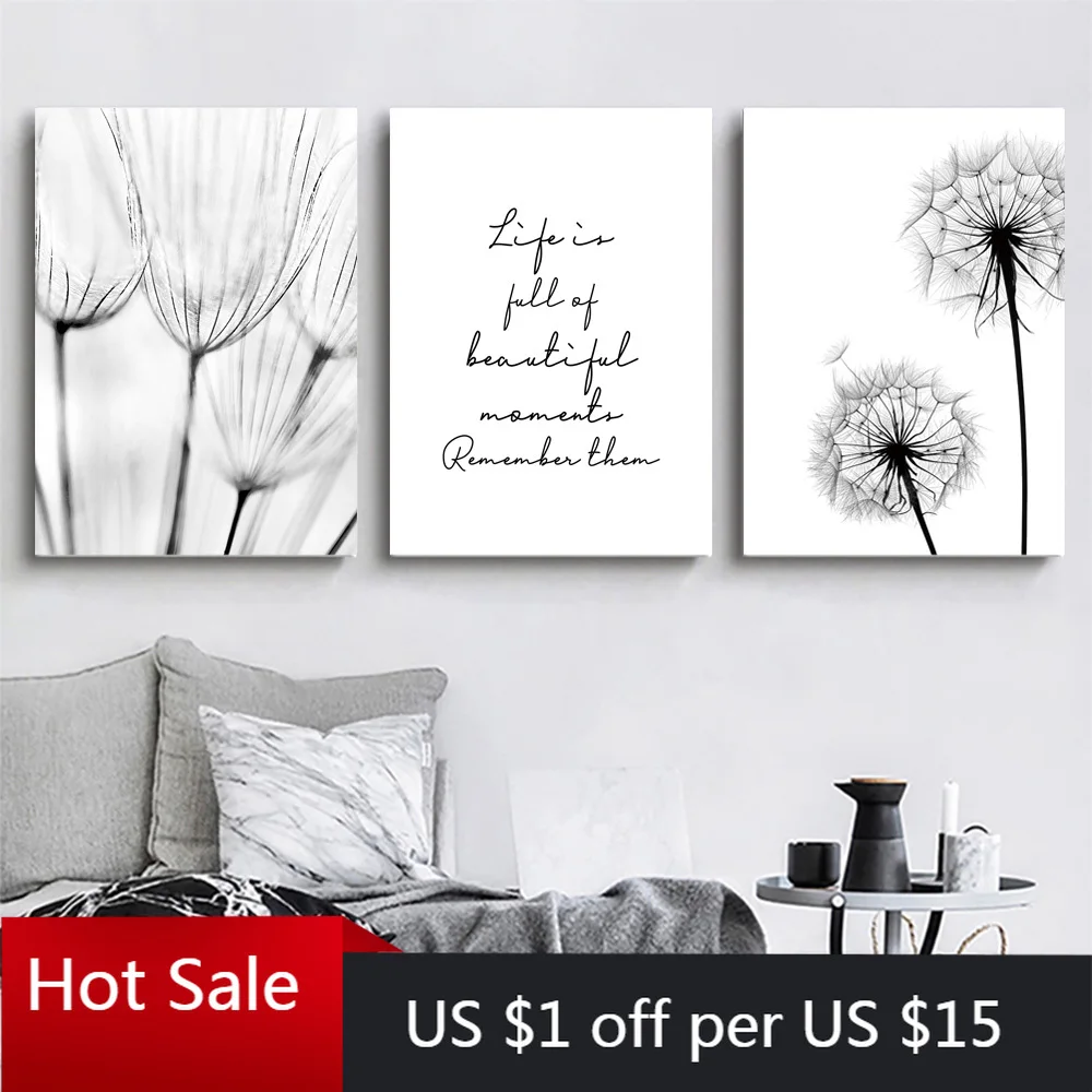 Черно-белая Картина на холсте с цитатами жизни скандинавские принты Одуванчик