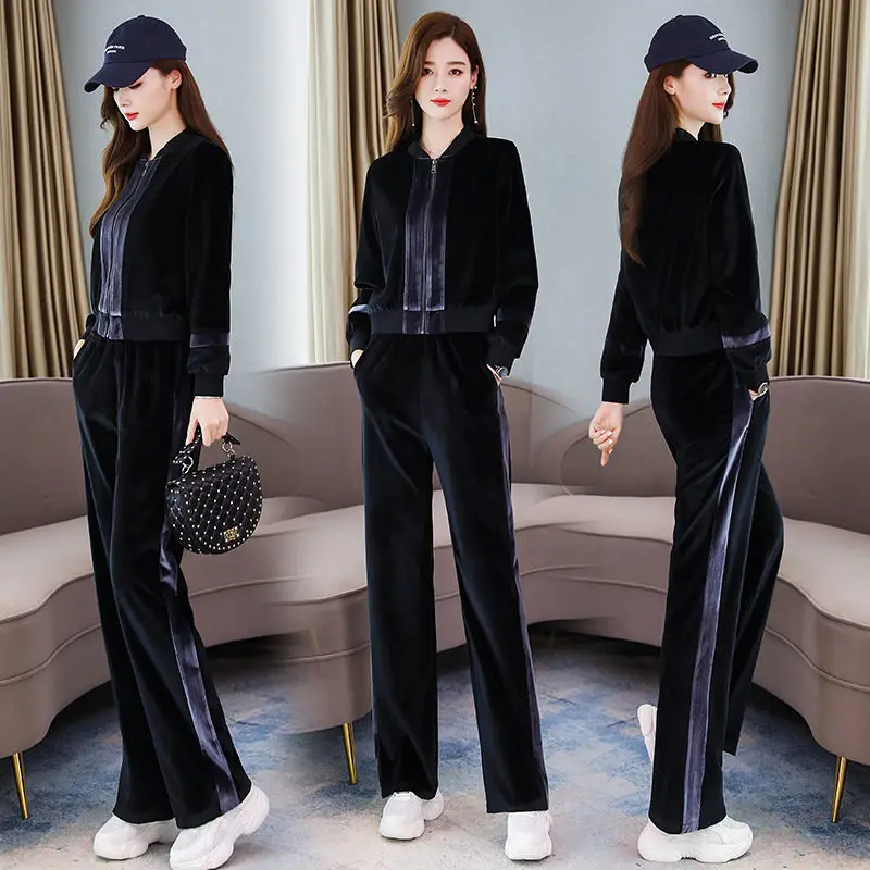 

Gold Velvet Fashion Suits Femlae Autumn New Large Size Loose Womens Short Jacket + Straight Trousers Casual Two-piece Set e274