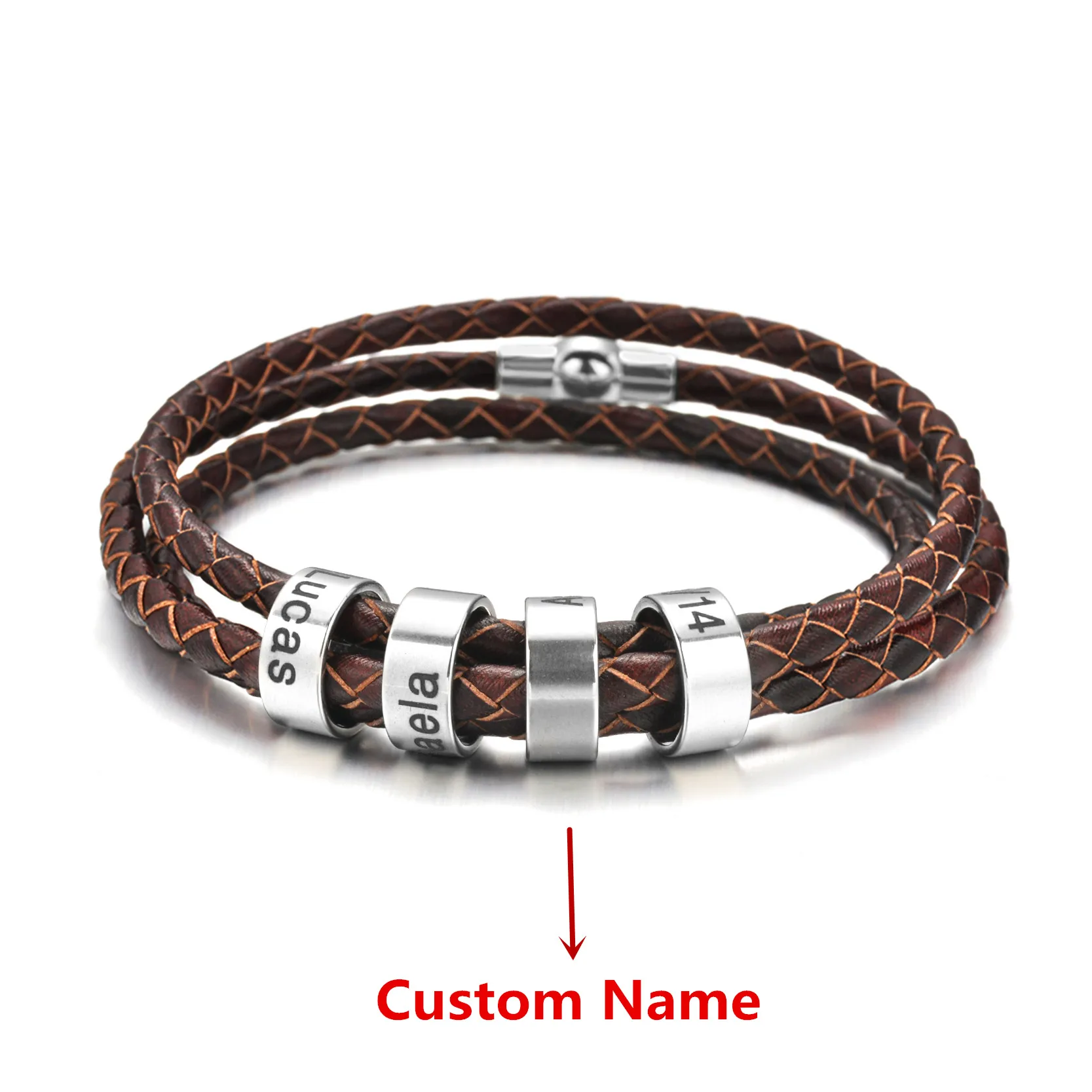 

Custom Name Genuine Leather Rope Bracelets For Men Magnetic Clasp Laser engraving Stainless Steel Charm Beads Jewelry Gift