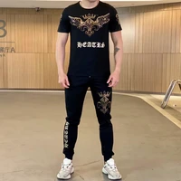 summer luxury men two piece heavy craft letter cartoon hot drilling t shirt trousers chic original personality anti pilling