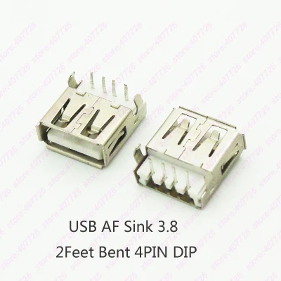 

10PCS USB 2.0 Jack Female Socket USB Connector Female Sink 3.8 4P DIP 90degree 2 Bent Feet PCB Mountng