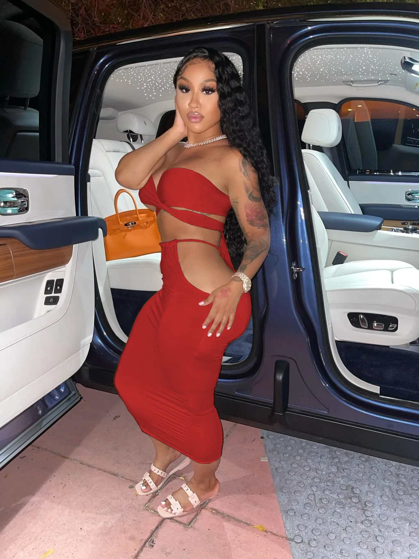 

Fashionable Sexy Women's Clothing Nightclub Style Solid Color Hollow Chest Wrap Tie Rope Mid waist Long Skirt Two piece Suit