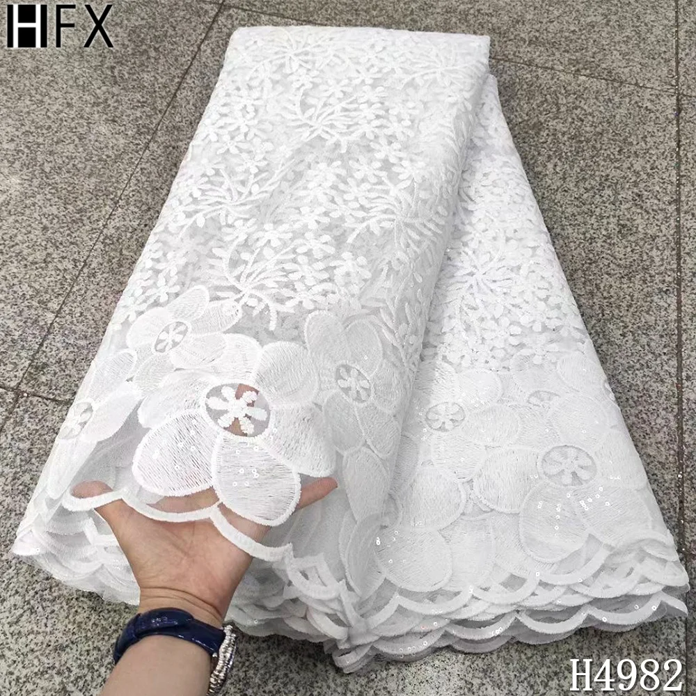 

HFX White Lace Fabric Sequin African French Net Lace Nigerian Lace Fabric 2021 High Quality Tulle Lace For Wedding Dresses F4982