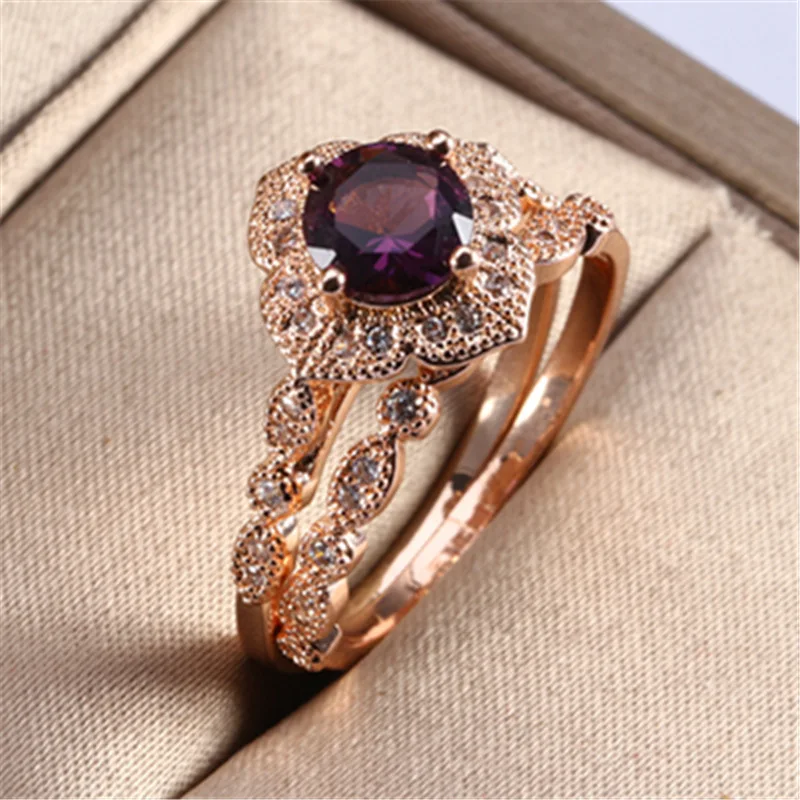 

2pcs/Set Rose Gold Ring Fashion Rose Gold Purple Inlaid Zircon Rings For Women Jewelry Couple Ring Valentine's Day Gift