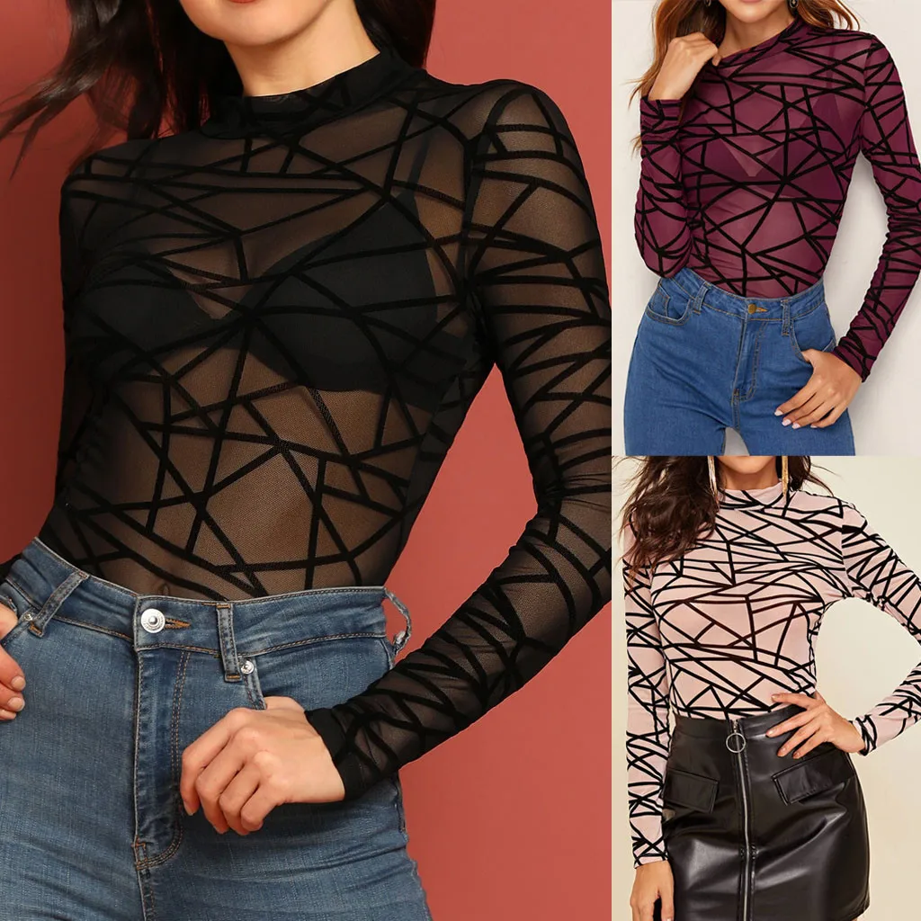 Модный сексуальный женский топ с круглым вырезом и длинным рукавом сетчатый