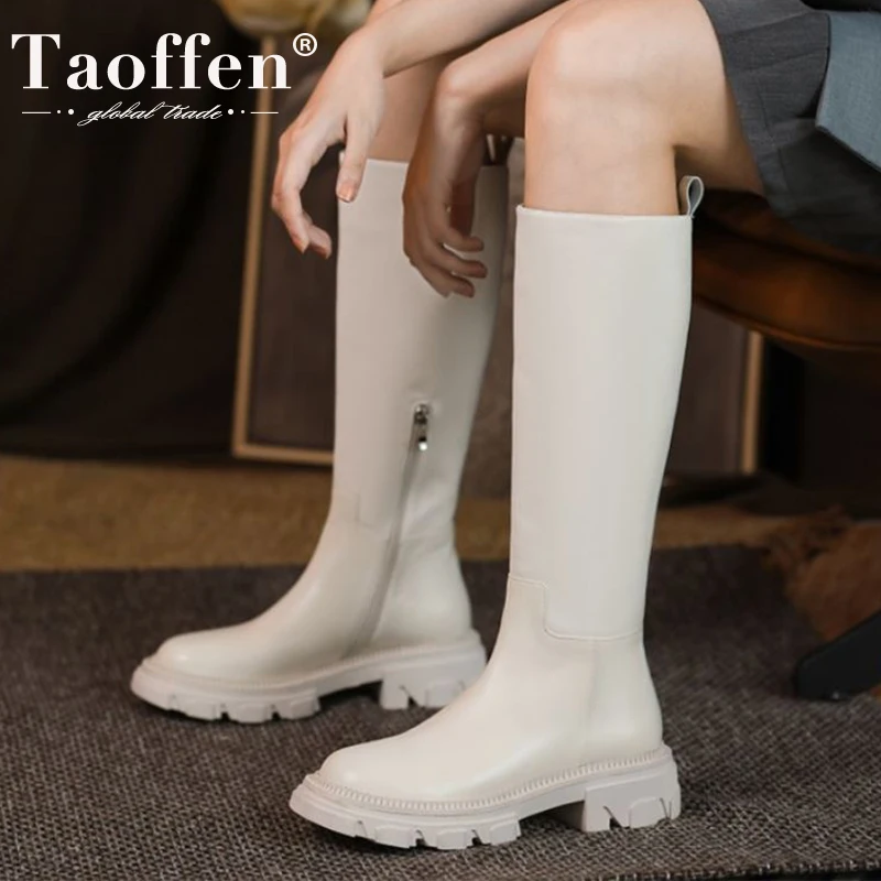 

Женские сапоги до колена Taoffen, однотонные сапоги из натуральной кожи, на молнии, повседневная обувь размеров 34-40