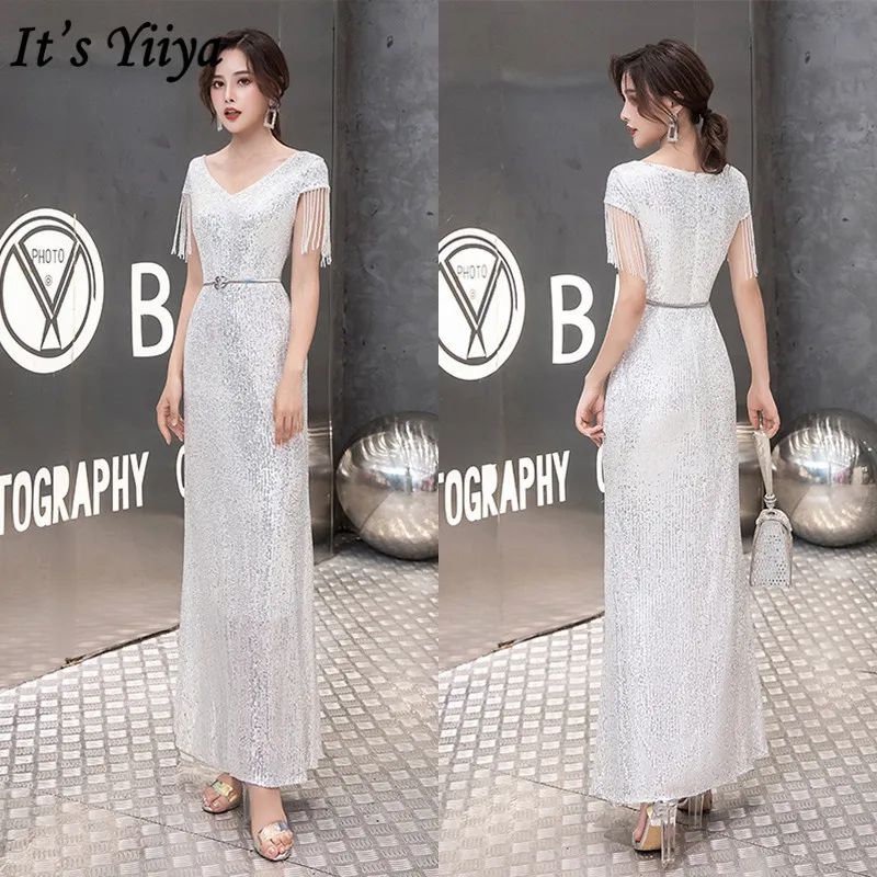 It's YiiYa Eveing Gowns V-Neck Sequined Short Sleeve Evening Dresses for Women Tassel Floor-Length Plus Size Robe De Soiree K049 | Свадьбы