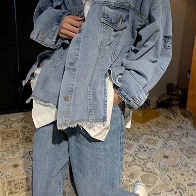 

Basic Jackets Women Turn Down Collar Loose Preppy Korean Ins Fake Two Pieces Denim Autumn Fashion BF Female Patchwork Outerwear