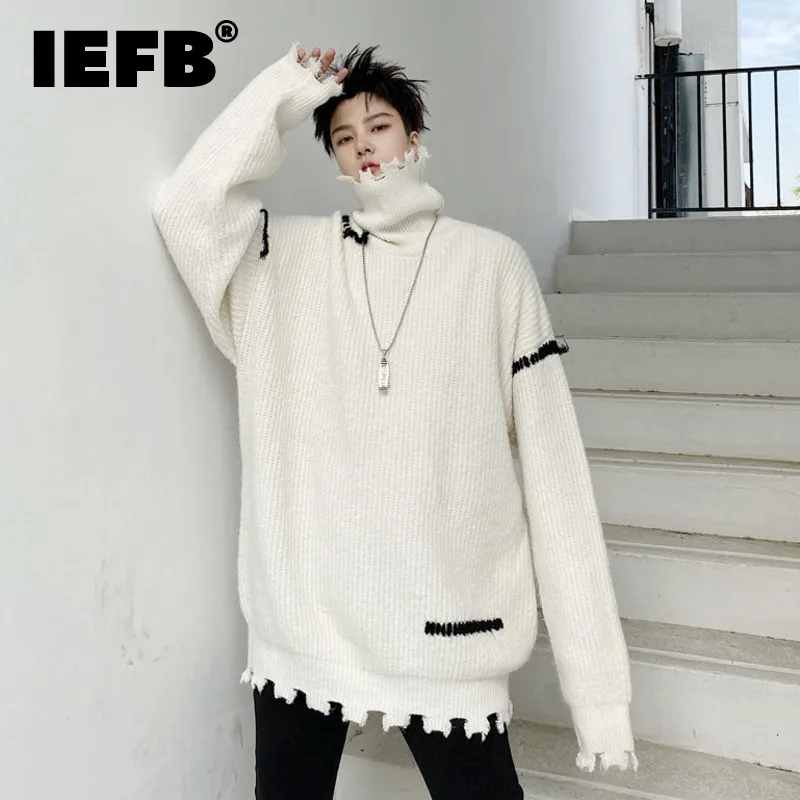 

Мужская одежда IEFB, модные шикарные вязаные пуловеры с дырками и швами, мужская новая свободная водолазка, мужской свитер на осень и зиму 2021