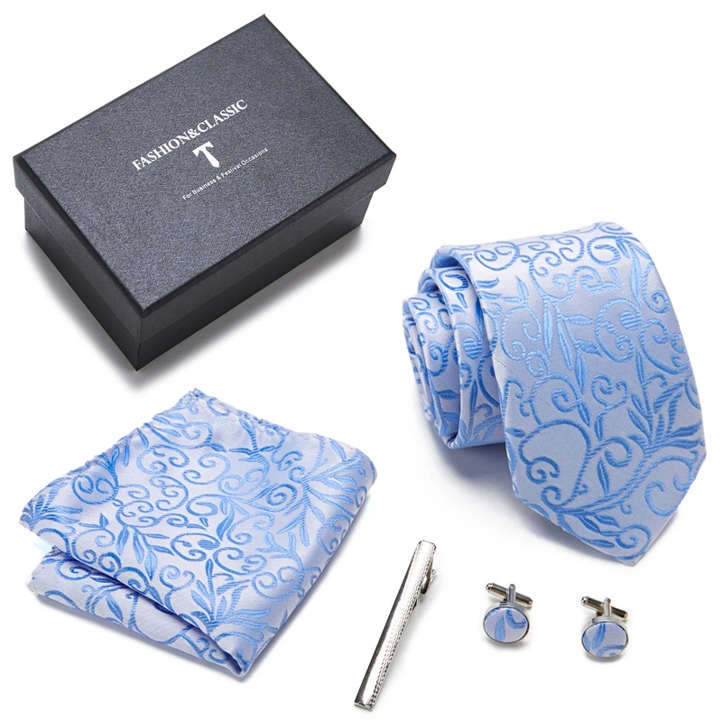 

Factory Sale Nice Handmade Newest design 8 cm Tie Hanky Pocket Squares Cufflink Set Tie Clip Necktie Box Male