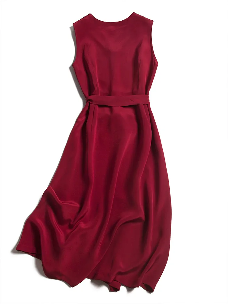 

Shuchan 2021 Summer Tank Dresses for Women Party Wine Red Straight Sleeveless Sashes Mid-Calf 100% Real Silk Midi Dress