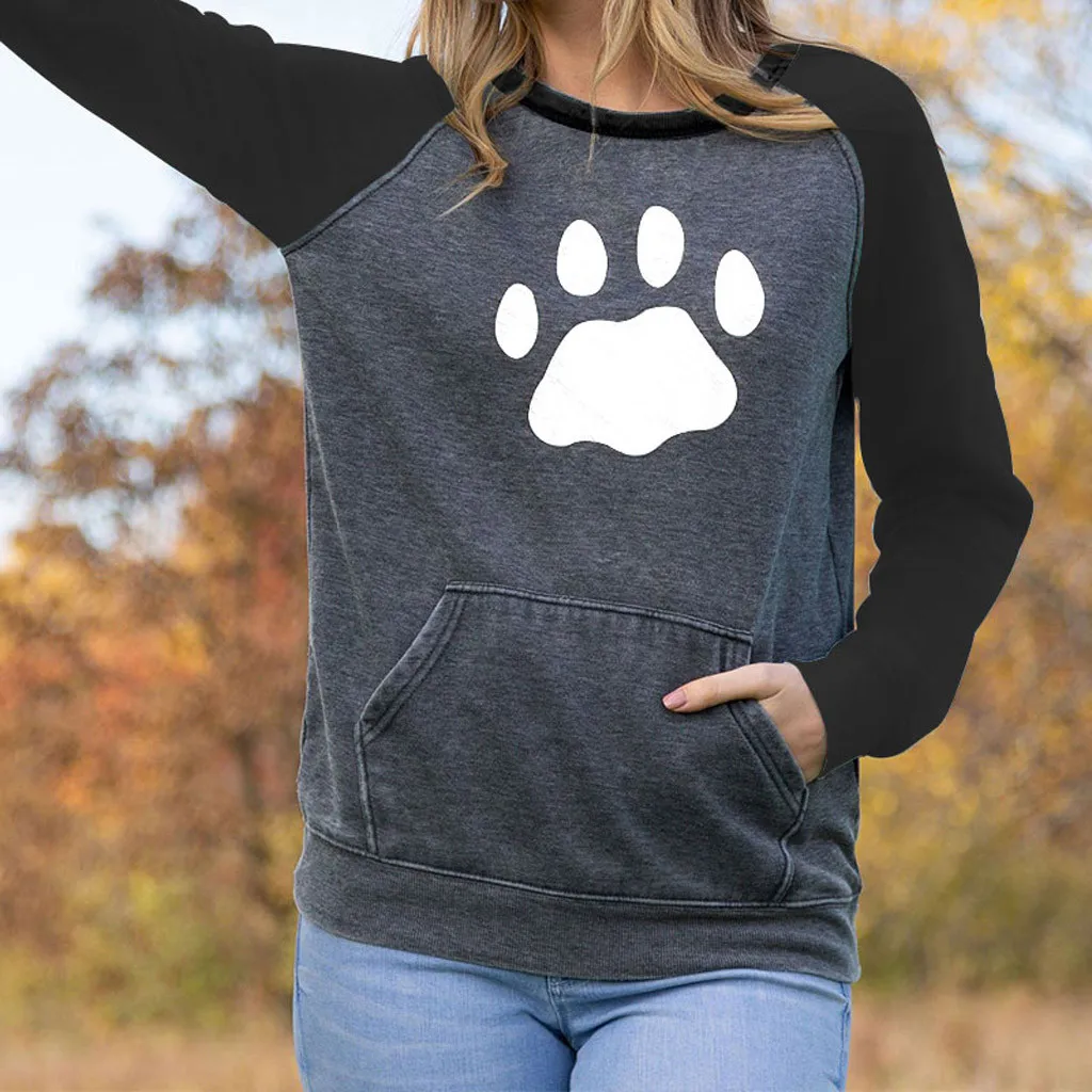 Свободный Страус Модный женский милый кот отпечаток когтя карман длинный рукав